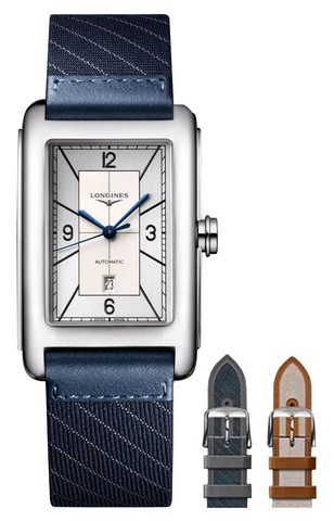 longines dolcevita automatic stainless steel silver dial interchangeable bluegraybrown fabric straps date unisex watch l57574738 1387617 large